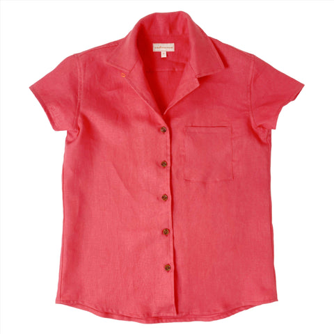 100% linen camp shirt in coral color from Satsuma Designs