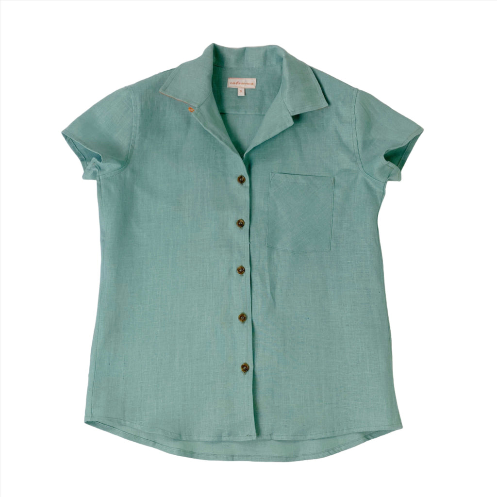 light teal womens linen camp shirt from satsuma designs