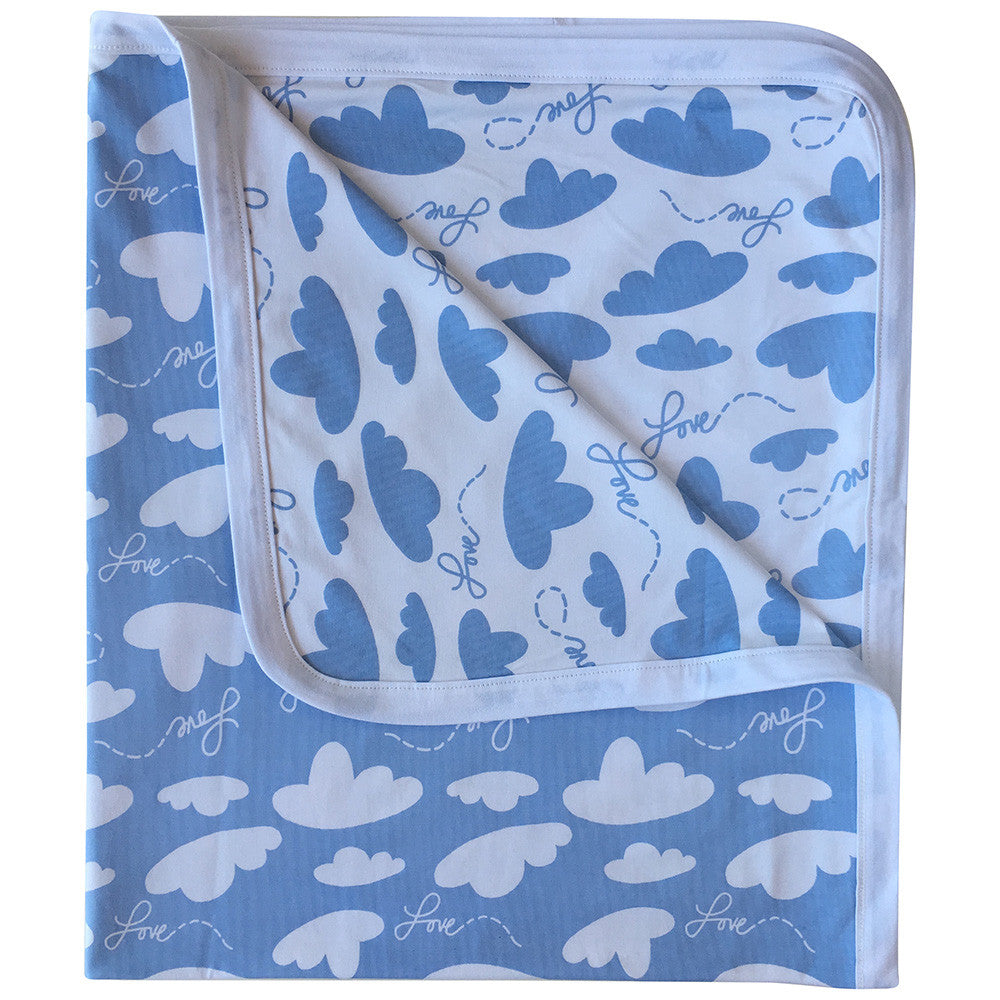 Soft weighted baby receiving blanket with clouds and love print
