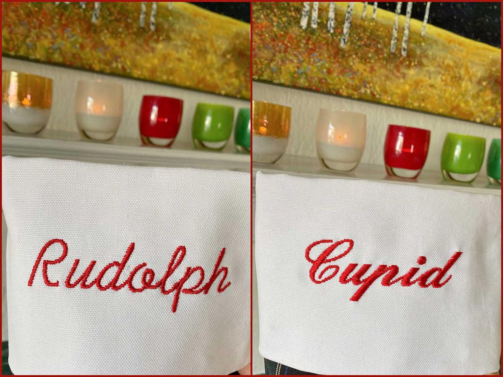 Two embroidery options for plaid embroidered holiday stocking