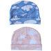 Baby hat in blue and pink with white clouds and love words