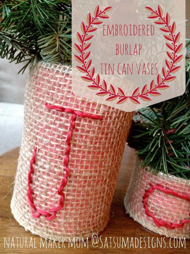 Embroidered Burlap Tin Can Vases