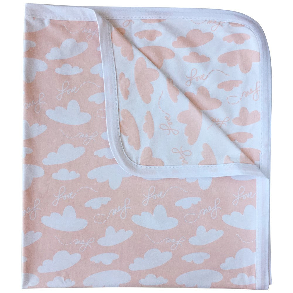 Soft weighted baby receiving blanket with clouds and love print