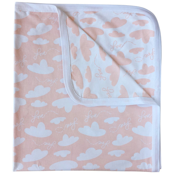 Soft weighted baby receiving blanket with clouds and love print