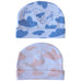 Baby hat in blue and pink with white clouds and love words